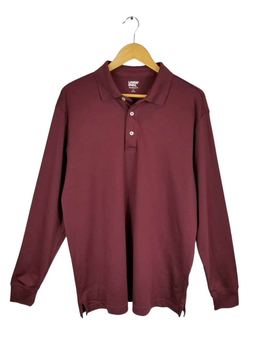 Lands' End Men's Burgundy Long Sleeve Polo Shirt Cotton Size Large